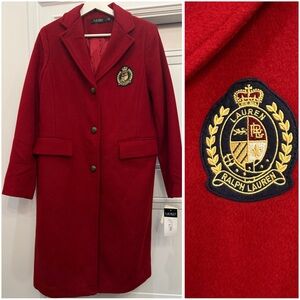 NWT RALPH LAUREN RED WOOL PEACOAT WITH CREST PATCH RET $300 SIZE 8 POLO NAUTICAL